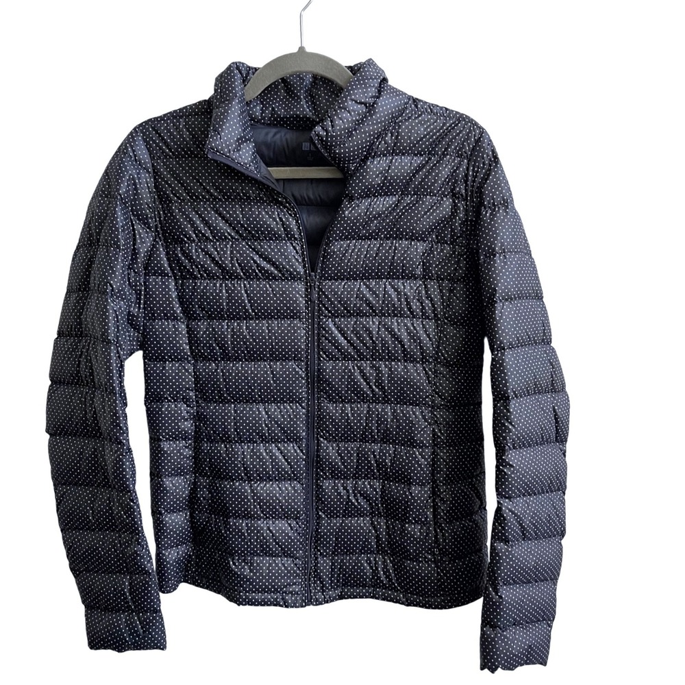 Uniqlo Ultra Light Down Jacket Womens S Navy Polka Dot Puffer Full Zip Packable